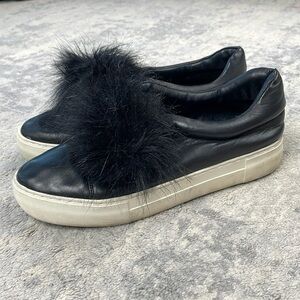J Slides Black Leather Slip On Platform Sneakers Pom Pom Puff Faux Fur Sz 8.5